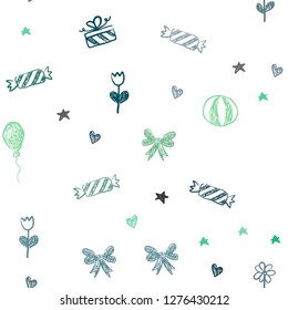Light Blue, Green vector seamless background in xmas style. Illustration with a colorfulheart, baloon, candy, gift, star, ribbon. Pattern for carnival, festival ads.