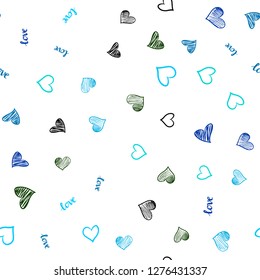 Light Blue, Green vector seamless texture with words LOVE YOU, hearts. Illustration with phrase LOVE YOU, hearts for valentine's day. Pattern for trendy fabric, wallpapers.