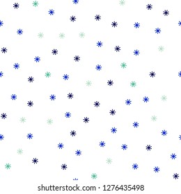 Light Blue, Green vector seamless background with xmas snowflakes. Colorful decorative design in xmas style with snow. Pattern for trendy fabric, wallpapers.