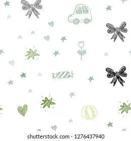 Light Blue, Green vector seamless template with carnival elements. Illustration with a gradient toy car, heart, baloon, tulip, candy, ball. Template for new year postcards.