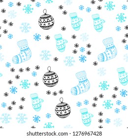 Light Blue, Green vector seamless pattern with christmas snowflakes, balls, socks, mittens. Glitter abstract illustration with gradient. Texture for window blinds, curtains.