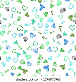 Light Blue, Green vector seamless cover with quote LOVE YOU, hearts. Design in doodle style with text LOVE YOU, hearts. Design for wallpaper, fabric makers.