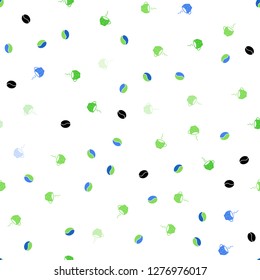 Light Blue, Green vector seamless texture with coffee beans, mugs. Gradient illustration with coffee beans, tea cups. Template of a black hot beverage in a cafe.