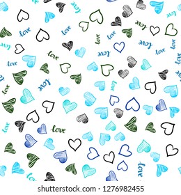 Light Blue, Green vector seamless pattern with phrase LOVE YOU, hearts. Colorful illustration with quote LOVE YOU, hearts. Texture for window blinds, curtains.