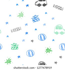 Light Blue, Green vector seamless backdrop in holiday style. Illustration with a colorful toy car, baloon, candy, star, ball. Pattern for carnival, festival ads.