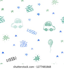 Light Blue, Green vector seamless template in carnival style. Shining illustration with a toy car, baloon, candy, star, ball. Pattern for carnival, festival ads.