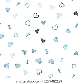 Light Blue, Green vector seamless background with words of love, hearts. Colorful gradient phrase LOVE YOU, hearts in abstract style. Texture for window blinds, curtains.