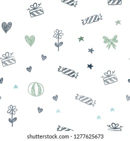 Light Blue, Green vector seamless pattern in christmas style. Abstract illustration with aheart, baloon, candy, gift, star, ribbon. Design for colorful commercials.