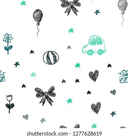 Light Blue, Green vector seamless pattern with christmas toys. Illustration with a colorful toy car, heart, baloon, tulip, candy, ball. Pattern for new year ads.