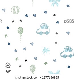 Light Blue, Green vector seamless backdrop with holiday gifts. Design in xmas style with a toy car, heart, baloon, tulip, candy, ball. Design for holiday adverts.