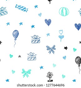 Light Blue, Green vector seamless texture in birthday style. Design in xmas style with aheart, baloon, candy, gift, star, ribbon. Template for new year postcards.