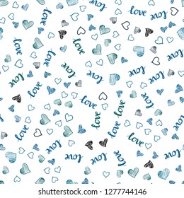 Light Blue, Green vector seamless backdrop with phrase LOVE YOU, hearts. Design in doodle style with text LOVE YOU, hearts. Design for textile, fabric, wallpapers.