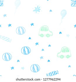 Light Blue, Green vector seamless pattern in christmas style. Shining illustration with a toy car, baloon, candy, star, ball. Pattern for new year ads.
