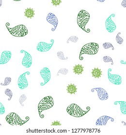 Light Blue, Green vector seamless natural pattern with leaves and flowers. Decorative design in Indian style on white background. Template for business cards, websites.
