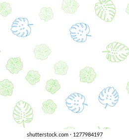 Light Blue, Green vector seamless doodle template with flowers, leaves. Abstract illustration with leaves, flowers in doodles style. Pattern for design of fabric, wallpapers.