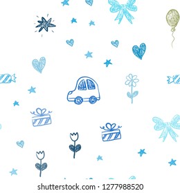 Light Blue, Green vector seamless pattern with christmas toys. Colorful illustration with a toy car, heart, baloon, tulip, candy, ball. Pattern for birthday gifts.