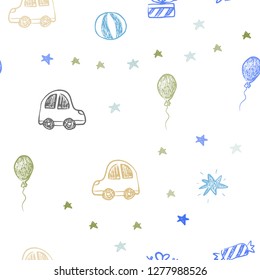 Light Blue, Green vector seamless pattern in christmas style. Illustration with a colorful toy car, baloon, candy, star, ball. Pattern for carnival, festival ads.