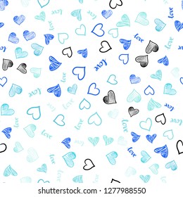 Light Blue, Green vector seamless pattern with phrase LOVE YOU, hearts. Illustration with words of love, hearts in abstract style. Texture for window blinds, curtains.