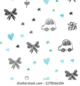 Light Blue, Green vector seamless template with carnival elements. Illustration with a gradient toy car, heart, baloon, tulip, candy, ball. Pattern for carnival, festival ads.