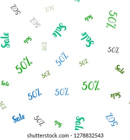 Light Blue, Green vector seamless pattern with 50 percentage signs. Colorful set of  percentage signs in simple style. Template for season sales, shopping ads.