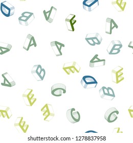 Light Blue, Green vector seamless template with 3D isolated letters. Colorful 3D alphabet signs with gradient on white background. Pattern for trendy fabric, wallpapers.