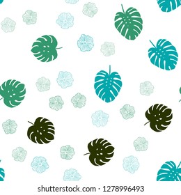 Light Blue, Green vector seamless doodle pattern with flowers, leaves. Leaves and flowers with gradient on white background. Texture for window blinds, curtains.