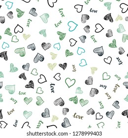 Light Blue, Green vector seamless template with text LOVE YOU, hearts. Illustration with words of love, hearts in abstract style. Texture for window blinds, curtains.