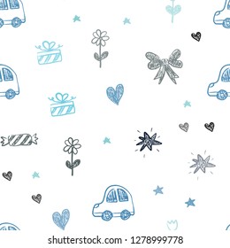 Light Blue, Green vector seamless background with xmas attributes. Shining illustration with a toy car, heart, baloon, tulip, candy, ball. Pattern for carnival, festival ads.