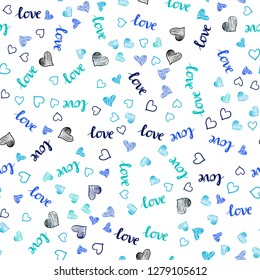 Light Blue, Green vector seamless pattern with phrase LOVE YOU, hearts. Colorful illustration with quote LOVE YOU, hearts. Design for wallpaper, fabric makers.