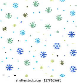 Light Blue, Green vector seamless template with ice snowflakes. Shining colorful illustration with snow in christmas style. Pattern for design of window blinds, curtains.