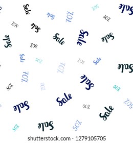 Light Blue, Green vector seamless texture with selling prices 30, 50, 70 %. Colored words of sales with gradient on white background. Template for season sales, shopping ads.