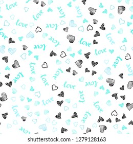 Light Blue, Green vector seamless background with words of love, hearts. Illustration with words of love, hearts in abstract style. Design for wallpaper, fabric makers.