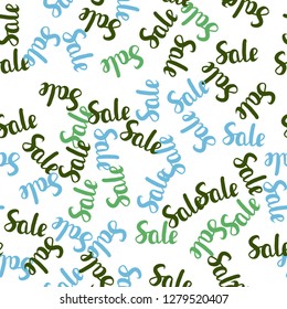 Light Blue, Green vector seamless texture with selling prices 70, 90 %. Colored words of sales with gradient on white background. Design for business ads, commercials.