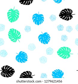 Light Blue, Green vector seamless abstract backdrop with flowers, leaves. Shining colored illustration with leaves and flowers. Pattern for design of fabric, wallpapers.