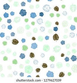 Light Blue, Green vector seamless abstract backdrop with leaves, flowers. Brand new colored illustration with leaves and flowers. Pattern for design of fabric, wallpapers.