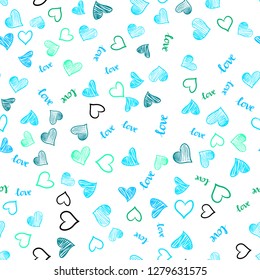 Light Blue, Green vector seamless pattern with phrase LOVE YOU, hearts. Colorful gradient phrase LOVE YOU, hearts in abstract style. Texture for window blinds, curtains.