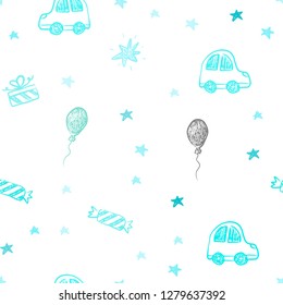 Light Blue, Green vector seamless backdrop in holiday style. Illustration with a gradient toy car, baloon, candy, star, ball. Pattern for new year ads.