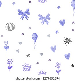 Light Blue, Green vector seamless layout with new year gifts. Illustration with a gradient toy car, heart, baloon, tulip, candy, ball. Pattern for birthday gifts.