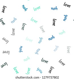 Light Blue, Green vector seamless template with text LOVE YOU. Illustration with phrase LOVE YOU for valentine's day. Template for business cards, websites.