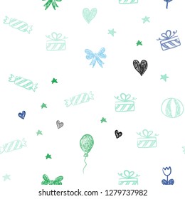 Light Blue, Green vector seamless layout in new year style. Illustration with a colorfulheart, baloon, candy, gift, star, ribbon. Template for new year postcards.