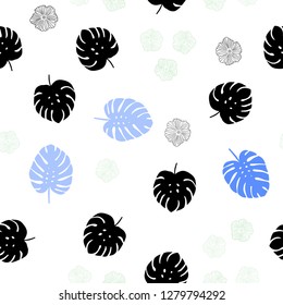 Light Blue, Green vector seamless doodle backdrop with flowers, leaves. Leaves and flowers with gradient on white background. Texture for window blinds, curtains.