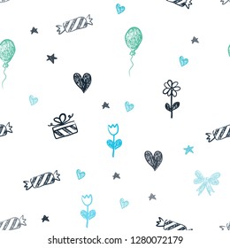 Light Blue, Green vector seamless layout in new year style. Colorful illustration with aheart, baloon, candy, gift, star, ribbon. Pattern for carnival, festival ads.
