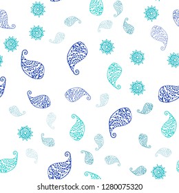 Light Blue, Green vector seamless elegant background with leaves and flowers. Decorative design in Indian style on white background. Design for wallpaper, fabric makers.