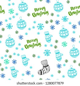 Light Blue, Green vector seamless background with xmas snowflakes, balls, socks, mittens. Colorful illustration with xmas symbols. Template for business cards, websites.