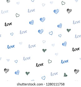 Light Blue, Green vector seamless background with words of love, hearts. Illustration with words of love, hearts in abstract style. Design for wallpaper, fabric makers.