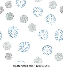 Light Blue, Green vector seamless doodle backdrop with flowers, leaves. Abstract illustration with leaves, flowers in doodles style. Design for textile, fabric, wallpapers.