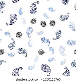 Light Blue, Green vector seamless doodle texture with leaves and flowers. Sketchy doodles on white background. Texture for window blinds, curtains.