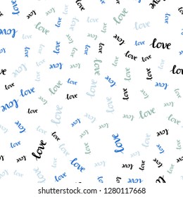 Light Blue, Green vector seamless texture with words LOVE YOU. Illustration with phrase LOVE YOU for valentine's day. Design for wallpaper, fabric makers.