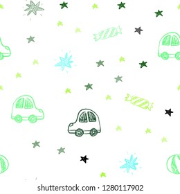 Light Blue, Green vector seamless template in carnival style. Abstract illustration with a toy car, baloon, candy, star, ball. Pattern for birthday gifts.