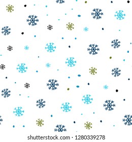 Light Blue, Green vector seamless background with xmas snowflakes. Shining colorful illustration with snow on abstract template. Template for business cards, websites.